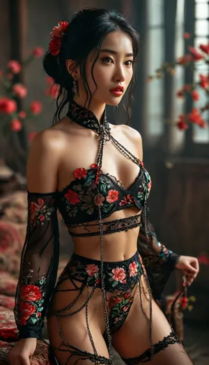 Mulan, <lora:MJ52:.8>, Garterbelt, black, fabric, floral, embroidery, wearing, the, garterbelt, iron, chains, <lora:GarterbeltXL:.8>
