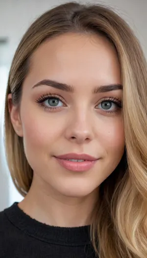 Closeup face shot.

The woman has a generally oval-shaped face with a soft and friendly expression. Her skin appears fair with a subtle, warm undertone. Her forehead is moderately high, framed by strands of light blonde hair that fall to either side, with a slight part visible.

Her eyebrows are naturally shaped, appearing light brown or dark blonde, and are well-defined without being overly sculpted. They arch gently above her eyes.

Her eyes are a light color, possibly blue or green, and are almond-shaped. The upper eyelids have a natural crease, and her eyelashes are moderately long and light in color. There are subtle hints of fine lines near the outer corners of her eyes, suggesting she is likely in her late twenties or early thirties.

Her nose is straight and proportionate to her face, with a slightly rounded tip and subtle definition at the bridge.

Her cheeks are full and rounded, contributing to her warm smile. When she smiles, natural lines extend from the sides of her nose towards the corners of her mouth

Her mouth is moderately full, with a well-defined upper lip that has a gentle curve. Her lower lip is also full. Her teeth are visible in her smile, appearing white and even.

Her chin is softly rounded and slightly pointed. Her jawline is gentle and not sharply defined.

Overall, her features combine to create a pleasant and approachable appearance, with a genuine and happy smile being the most prominent characteristic.