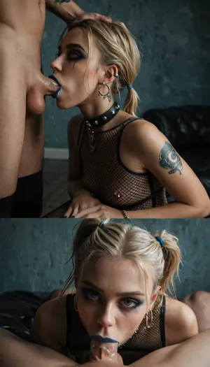 masterpiece, award winning photo, very detailed eyes, skin, face. Sexy 19 year old woman, blonde hair, short pigtails hair, small breasts, goth makeup, tattooed body, dark blue lipstick, fishnet outfit, visible nipples, chocker, stockings, average beautiful cock, medium penis, sucking deep, down the throat, satisfied face, petite butt visible, nipple piercings, overexposed, baddie, gently holding penis in hand, close up, doggystyle, sitting with ass up, ass up, lying on stomach, hand on her body, deepthroat, dick is deep in throat, on all fourth, full body view, gently sucking penis, small amount of cum on cock, <lora:MJ52:.5>, <lora:add-detail-xl:1.3>, <lora:dark:.4>