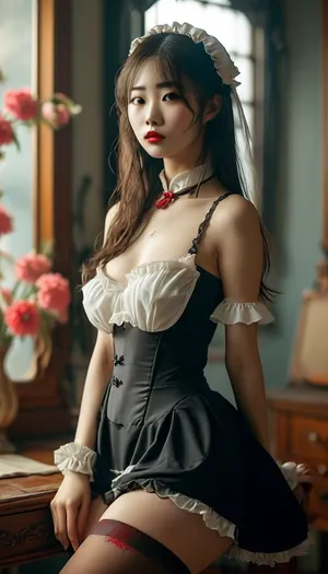 (young:1.3), (girl, 18 years old), Korean instagram, (Korean makeup:1.3), (lipstick:1.3), cute, attractive, petite, snub nose, thigh-high stockings, (long hair:1.2), in an erotic maid costume, removable collar, removable sleeves, transparent dress, (visible breasts), visible pussy, shaved pussy, skinny, maids, insert, simplepositivexlv1, with frills, underwear underwear, <lora:tags:1>, <lora:MJ52:.8>, ChunLingerie, <lora:SDXL_ChunLingerieXL:.8>