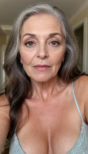Sexy old granny, glamour and fancy, 65 years old, dark brunette, long hair, very tall, very curvy, small tits, very tiny boobs, saggy, wide shoulders, very sexy ormasm face, cuming orgasm face, granny woman, looking at the camera, selfie