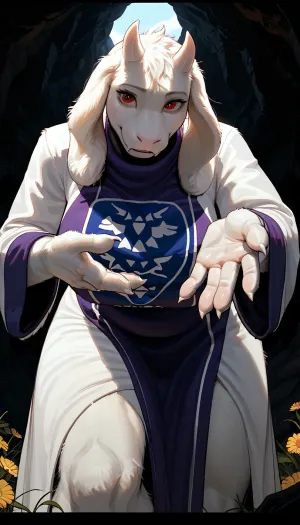 masterpiece, best quality, high resolution, hires, score_9, score_8_up, score_7_up, score_6_up, (Toriel from Undertale:1.4), incase, style, ratatatat74, solo, view from below, close up, robe, (((anthro, furry, white fur, body fur, white skin))), (curvy body, wide hips, thick thighs), huge breasts, looking at viewer, detailed pupils, smile, standing, ((leaning forward)), reaching out hand toward viewer, cave wall, detailed, dark, dimly lit, underground cave, <lora:287175_training_data:1>, <lora:ratatatat74-000050:.8>