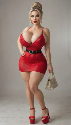 Home, hair in a bun, high platform heels, cross pendant, tight short dress, belt, cleavage, shades, purse, red lipstick, long red fingernails, wedding ring, bimbo, thin eyebrows, bracelets, hoops, big lips, necklace, big tits, big ass, very long straight hair, muscular, strong abs, red pumped lips, blue eyes, blond, fat lips, filed lips, big nipples, <lora:bombshell_v2:.8>, bmbplora, <lora:bimboxl_02:.8>, <lora:milkers_v2:.8>, huge, big, narrow, waist, <lora:BodyLicious:.8>