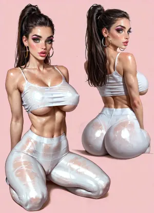 Cinematic stills of a voluptuous fitness model, ((She is wearing a camisole with underboob and skin tight leggings)), (large round tits), (large pawg ass), hoop earrings, straight white teeth, large expressive almond-shaped eyes with intense eyeliner and eyeshadow, well-groomed and naturally arched eyebrows, retrousse nose proportionate to the rest of her facial features, full and plump lips, (dimples), (long dark eyelashes), (highly detailed eyes), pursed lips, symmetrical face, (beauty marks), (brown iris), black pupils, super tiny waist, (hourglass body), petite frame, short, thin, fit, (busty), super detailed breasts, whore, slutty, sensual, sexual, aroused, blushed, intense, hardcore, porn, fucktoy, cumslut, narrow waist, teasing, tease, detailed hands, four fingers and a thumb per hand, round butt cheeks, booty, bubble butt, bare pussy, professional, highly detailed, freckles on skin, nsfw, 1woman, long straight ashy brown hair with natural highlights in a ponytail with shaved sides, submissive, incredibly busty bimbo, engorged breasts, large tits, heavy hanging boobs, perfect tits, retrousse tits, makeup, incredibly long lashes, lipgloss, super snatched waist, huge bubble ass, female face focus, a tight little fitness figure, athletic buttocks, athletic legs, toned stomach, oiled skin, ((different poses of the same model, sitting, kneeling, bending over, arched back)), ((close up view of face, tits, and ass)), same clothing, pink background, model sheet, famous pornstar, character sheet, Multiple views, <lora:character_Sheet_XL:.4>