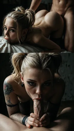 masterpiece, award winning photo, very detailed eyes, skin, face. Sexy 19 year old woman, blonde hair, short pigtails hair, small breasts, goth makeup, tattooed body, dark blue lipstick, fishnet outfit, visible nipples, chocker, stockings, average beautiful cock, medium penis, sucking deep, down the throat, a little confused face, petite butt visible, nipple piercings, overexposed, baddie, gently holding penis in hand, close up full body and ass, doggystyle, sitting with ass up, ass up, lying on stomach, hand on her body, deepthroat, dick is deep in throat, on all fourth, full body view, gently sucking penis, small amount of cum on cock, <lora:MJ52:.5>, <lora:add-detail-xl:1.3>, <lora:dark:.4>