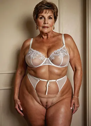 60 year old innocent granny, plump, real granny style, (bbw), brown pixie short haircut glamour, perfect curves, lustful pose, (hairy genitals), different poses
highly detailed photo, high-quality photo, ordinary grandmother, clothing, white transparent bra, white transparent thong with high slit at the hips, in action, changing clothes, background, wardrobe, clothes, underwear