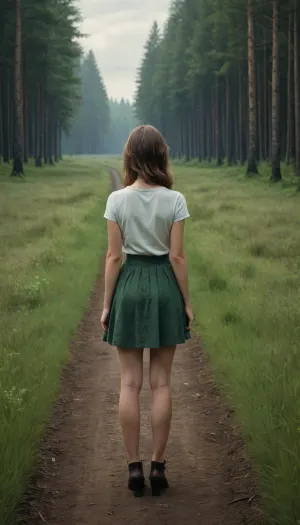 epic painting, girl in a short skirt standing at parting ways, (two parting ways:1.2), (dark forest on the left and green meadows on the right)