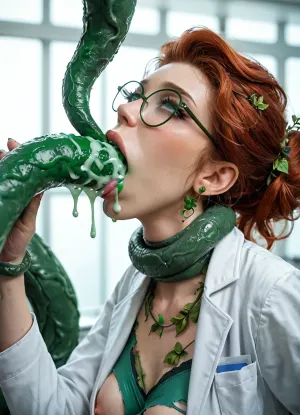 UHD 8K, cinematic masterpiece, maximum quality, maximum details, maximum realism, insanely hot gorgeous cute redhead girl, perfect face, (beautiful), medium round perky breasts, (torn tight slutty poison ivy tights), lab coat, glasses, ((lab:1.3)), green tentacles, (((oral))), tentacle grabbing neck, green cum on chin, green cum leaking from mouth, green cum in tits, (ahegao face:1.5), (((penetration by tentacles))), close up of face, throat bulge, side view, x-ray