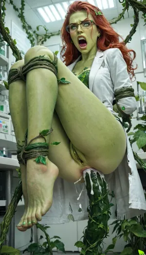 Poison ivy, (fucked in the ass by giant plant cock), . She is wearing glasses and lab coat. She is in a laboratory. Yelling, (angry face:1.1), (wrists and ankles bound by vines), torn clothes, torn green tights, one black office heal, (green skin:1.3), green pussy, green hands, green Feet, (bright red hair), cum leaking from asshole