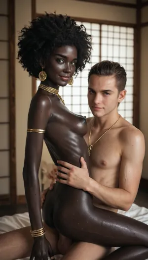 UHD 8K, extreme realism, maximum detail, African model, (skinny:1.5), age 30, short afro hair, getting carried sex, legs straddling, teardrop breasts, full nude, (freckles body), (black skin:1.8), glow, smiling orgasm, (white man), very oiled body, gold jewelry, gold chain around waist, dark luxury Japanese garden, hyperrealistic, .nef, small flowers in hair, clear eyes looking at viewer