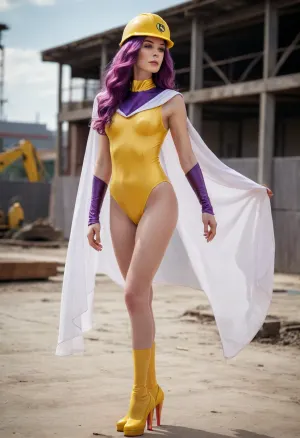 Full body, Molery, petite figure, mature, very thin, supervillain, long wavy purple hair, sleeveless brown leotard, white cape, pink heels, yellow miner’s helmet, construction yard