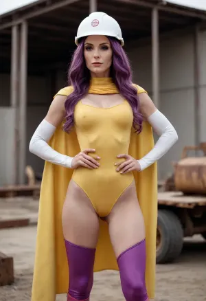 Full body, Molery, petite figure, mature, very thin, supervillain, long wavy purple hair, sleeveless brown leotard, white cape, pink heels, yellow miner’s helmet, construction yard