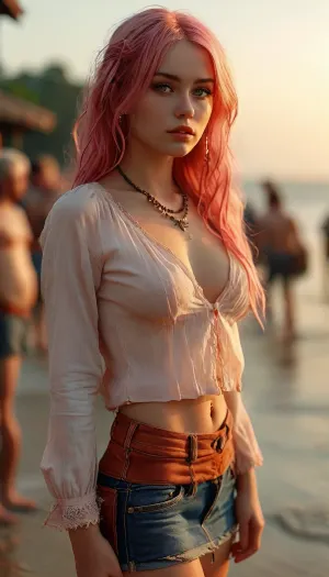 20 years old woman, unbuttoned blouse and pleated miniskirt, petite body, with long pink hair, huge sagging boobs, seductive face, fair skin, sexy necklace, striking a confident and intimate pose styled like a pornstar photoshoot, beside her stands a 40 years old father with a skinny and short body in jeans, his eyes detailed and realistic, the woman’s body noticeably shorter than the father, standing in a sensual atmosphere, and bustling with crowded people, Beach setting lively environment, vibrant sunset, full body view 8k, HDR, UHD, ultra detailed, RAW photo, shot on NIKON'S D850, F/1.8, shallow depth of field, sharp focus on the subject, ultra-detailed micro features, highly detailed textures, realistic skin tones, vibrant colors, cinematic composition, maximum detail, hyper-realistic rendering, professional photo quality., <lora:MJ52:.8>