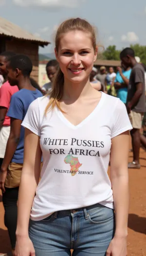A 19 year old German woman, wearing jeans and t-shirt, smiling, blonde ponytail, is standing in a crowded African slum. Her t-shirt is printed with text "WHITE PUSSIES FOR AFRICA. VOLUNTARY SERVICE.".