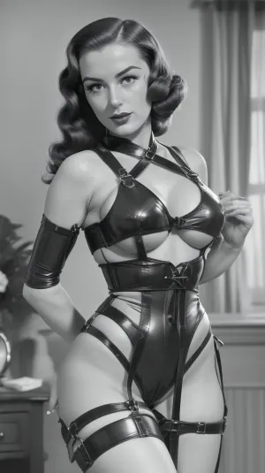 1940s uk, ((colorized)), erotic bondage magazine photo. girl, explicit pose, in cheap flimsy sex wear, bondage, medium tits, erotica, hyper realistic