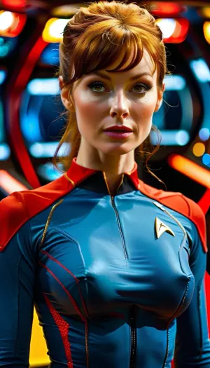 the ginger woman is a 23-year-old Star Trek TOS female vulcan science officer, Star Trek TOS female vulcan science officer looks at the viewer with hard eye contact, perfect eyes, beautiful eyes, beautiful face, eye contact, utterly dispassionate, emotionless face, serious expression, short bowl-cut straight ginger hair, (((pointed ears))), she is of the vulcan race from star trek, full body view, erotic masterpiece, round sexy ass, flat boobs, playboy photoshoot, (posing sexually explicitly and eager looking readying for the pounding she’s about receive), (edging excitement reckless depraved vibes), dark fantasy, intricate details, high quality sketch details Jean Baptiste Monge, Carne Griffiths, (shy smile), (seductive), horny, blushing, ((full body view:1.3)), (very thick thights), gymnast body, defined muscles, (red platform heels), (she is looking with amazement at viewer), (exaggeratedly labia), (giant vulva), (swollen pussy), (puffy pussy), (deep cameltoe), ((slim waist)), (erotic pose), FLUX.1, cinematic, style, <lora:MJ52:.5>, <lora:style_lora_realis:.6>, <lora:FLUX.1 cinematic style v2:.8>