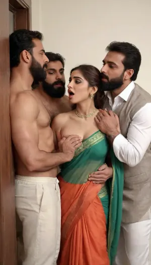 A beautiful girl clad in Saree being pushed against the wall by a two tall Bearded Handsome Muslim men named 'Afzal Khan' and 'Javed Pathan', Muslim man's hands are tightly wrapped around her throat, Pakistani Muslim bodybuilder Hunks kissing her passionately and biting her boobs, Girl enjoying the rough sex, photorealism