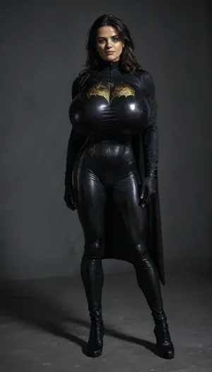 RAW image, Canon EOS R3, DSLR photo, 8k, best quality, (masterpiece:1.1), (realistic, photo-realistic:1.2), ultra high res, ((muscular), ((fit and muscular))), (gigantic breasts), (18 year old woman, (dark black hair), beautiful), ((toned shiny sexy batman, ((full-body catsuit)))), black cape, (shiny catsuit), (ultra-thin catsuit material), (black military boots), ((black utility belt with yellow bat symbol)), dark room, black walls, standing, high contrast, <lora:BUT_SDXL_SHS:.6>, <lora:add-detail-xl:.6>, <lora:DetailedEyes_V3:.5>, <lora:dark:.3>, muscle_bimbo, <lora:Muscle_Bimbo_SDXL:.8>