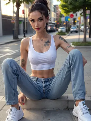 Skater girl, skateboarder, white_tanktop, crop-top, baggy-jeans, mom-jeans, pumk styling, tattoos, undercut hair, piercings, large breasts, sagging breasts, saggy breasts, sidewinders, smiling, skinny, slender, plump ass, braless, Wearing, clothes, that, make, sense, with, Braless>, ((super detailed professional photography)), masterpiece, photorealism, DSLR camera, best quality, best resolution, with UHD resolution, perfect composition of light and shadows, the brightest image, clear focus, depth of field, perfect body, perfectly detailed skin texture, 32k, 30 mm lens, 1/250 s, f/2.8, ISO 300, ziprealism, detailxl, <lora:Yana_Koshkina:.3>, <lora:weight_slider_v2:-1>, <lora:detail_slider_v4:.1>