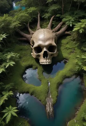 From above, through the ragged clouds, you can see the endless jungle — a green ocean of intertwined crowns, pierced by the golden rays of the sun. In the middle of the thicket, like an ancient god buried in the ground, lies a giant dinosaur skull, its bones are covered with gray-green moss, embedded in the soil, and its eye sockets are the size of lakes filled with crystals that reflect light like mirrors. Nearby, a river meanders with azure water, resembling a snake, and in the distance rocks soar with waterfalls, throwing down streams of liquid sapphire. A helicopter flies over the stage, its shadow skimming through the trees, revealing car-sized petrified footprints on the bank. The air is filled with bioluminescent pollen shimmering in the sunset, and winged lizards with a wingspan of tens of meters circle the jungle, their shadows sliding across the moss, emphasizing the scale of the ancient remains. Vines, like glowing veins, encircle the skull's teeth, and tree roots, like arteries, grow into its bones, merging the dead and the living into a single ancient organism.