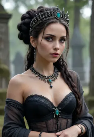 A girl with anthracite-colored hair pulled back in an elaborate coiffure of intertwined dreadlocks decorated with baked clay beads and tiny silver pendants stands in the middle of an abandoned cemetery in the thick night. With her ample breasts, narrow waist and rounded hips, her figure is wrapped in a draping fabric in warm golden tones, reminiscent of the ancient veil of a priestess — the material shimmers in the moonlight, exposing the curves of her body and creating a contrast between sacred aesthetics and sensual appeal. A face with sharp cheekbones, a high forehead, and full lips the color of ripe cherries looks both fragile and dangerous, the eyes are lined with black eyeliner that accentuates the greenish sparkles in the irises, and on the bridge of the nose you can see a thin vertical tattoo line that turns into a pattern on the forehead. A Gothic tiara of blackened silver with spikes and amethyst inserts crowns her head, combined with massive bracelets made of bone and turquoise, tiered obsidian beads and a necklace with an inverted crescent pendant. On the neck and wrists there are traces of ritual incisions, covered with amulets with engraved runes. She leans over the sagging headstone, resting her palm on the marble slab covered with moss and cracks, and her fingers, with their long nails painted black, touch the names carved on the stone. A wicked grin plays on her lips, revealing fangs with drops of blood-red luster, and sparks of witchfire flicker in the depths of her pupils. Shadows swirl around her, taking on the shapes of ravens and smoke, and a semi-transparent haze snakes under her feet, in which you can guess the silhouettes of skeletons. The moonlight filtering through the clouds sets off her figure, emphasizing both fragility and menace, sexuality and mystical power — she is like the embodiment of an ancient spell that attracts the eye with its demonic grace and promise of forbidden secrets.