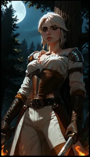 masterpiece, best quality, high resolution, hires, score_9, score_8_up, score_7_up, score_6_up, (Ciri:1.4), incase, style, ratatatat74, solo, view from below, close up, medium breasts, fit, standing, looking at viewer, serious expression, serious, leaning against tree, holding sword, leather armor, fantasy, night, moonlight, detailed, dark, forest, <lora:287175_training_data:1.5>, <lora:ratatatat74-000050:1.3>