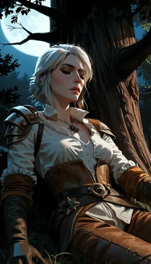 masterpiece, best quality, high resolution, hires, score_9, score_8_up, score_7_up, score_6_up, (Ciri:1.4), incase, style, ratatatat74, solo, view from below, close up, medium breasts, leather armor, fit, sitting, leaning back against tree, sleeping, night, full moon, moonlight, detailed, dark, forest, <lora:287175_training_data:1.5>, <lora:ratatatat74-000050:1.3>