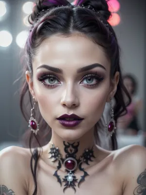 Hyperrealism, natural petite cutie, 18 years old beautiful, stunning unique female character. She has large turquoise eyes filled with joy and excitement, extravagant eyelashes, making this image a masterpiece of photography and digital art. Style, realistic hyper-detailed rendering, 32k UHD, expressive eyes, punk, graphic design, girl's face, pretty and cute, gleaming lips, white skin, r0m4nt1cg0th, red/purple, makeup, close-up, portrait, gothic, dark, red/purple/black, lipstick, romantic goth, ziprealism, detailxl, nanotech, SB, belly, deep, penetration, bulge, anal, <lora:weight_slider_v2:-1>, <lora:Fisher_Nanotech Android v0.2:.1>, <lora:PovMissionaryAnal-v6:.3>, <lora:hyper_penetration_stomach_bulge_v8all-000004:.4>, <lora:SB:.5>