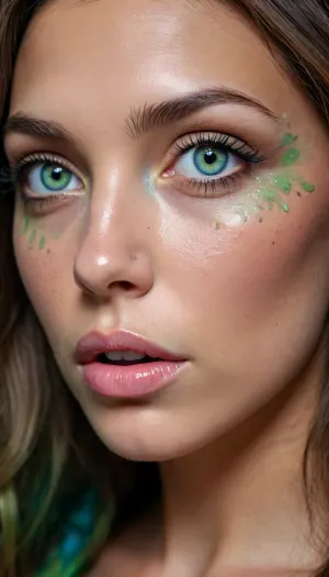 closeup, a coquettish woman with a very long hair, paint-splash, tears, realistic highly detailed large beautiful crystal eyes with light glowing {blue, green, brown} iris, heartshaped lips, freckles, lip gloss, aroused skin, olive skin, view from half-side, #KITTYART