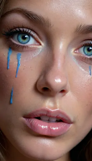 half closeup, a coquettish woman with a very long hair, tears, paint-splash, realistic highly detailed large beautiful crystal eyes with light glowing blue iris, heartshaped lips, freckles, lip gloss, aroused skin, olive skin, #KITTYART