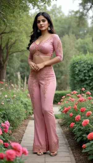A beautiful sexy indian woman, sexy seducing figure, hourglass body, rounded boobs, in a sexy salwar suit, (perfect hands), wide hips, thick thighs, round ass, (perfect fingers), full body view, detailed face, standing in a garden with blooming flowers, high heels
