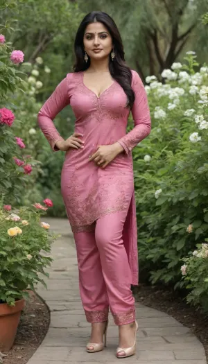 A beautiful sexy indian woman, 40 years old, having sexy seducing figure, hourglass body, rounded boobs, in a designer salwar suit, (perfect hands), bottomless, wide hips, thick thighs, round ass, (perfect fingers), full body view, detailed face, standing in a garden with blooming flowers, high heels