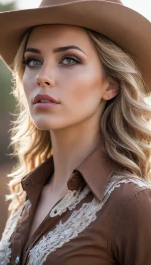 (masterpiece, best quality, 8k, Raw photography:1.2), (award-winning:1.1), (avant-garde fashion snapshot, portrait in profile, dramatic shadows:1.4), (cowboy shot, sharp focus on eyes, immaculate makeup, unbuttoned western blouse, suggestive cleavage, cowboy hat:1.8), (hyper feminine features, rodeo queen, soft contented smile:1.5), (sense of intimacy, romance:1.4), (intricate eye details:1.6), (warm eyes, vivid eyes, stunning eyes:1.6), (long delicate eyelashes:1.5), (smokey makeup, intense makeup:1.4), (textured ash blonde hair with dark highlights, intricate and elaborate hair style:1.4), (golden hour lighting, brilliant blue sky), (shallow depth of field, professional color grading:1.6), (softly blurred background:1.3), (warm natural light, hair glow lighting), (natural skin texture:1.6), (realistic skin details:1.5), (intricately detailed hair:1.5), (expressive detailed eyes:1.6), (visible limbal ring:1.5), (detailed iris texture:1.5), (natural hair texture:1.4), (realistic eye texture:1.5), subtle vellus hairs, ziprealism