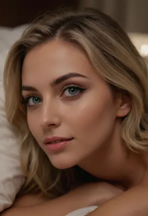 (profile portrait:1.1), (beautiful woman's face:1.3), (loving expression, sweet shy smile:1.4), (snuggled in bed, loose hair falling across face, fluffy pillow, good morning:1.4), (intense eye detail:1.4), (intricate eye details:1.4), (vivid eyes:1.5), (vibrant eyes:1.5), (beautiful long eyelashes:1.3), (detailed eyeliner:1.2), (short cut hair, ash blond hair with dark roots, loose strands of hair, swept back hair style:1.4), (warm and comforting color palette:1.3), (sense of adoration and contentment:1.5), (dramatic lighting:1.4), (cinematic lighting:1.4), (shallow depth of field:1.5), (blurred background:1.2), professional color grading, (detailed skin:1.3), (detailed hair:1.3), (detailed eye, limbal ring, detailed irus:1.4), (natural skin texture:1.3), (natural hair texture:1.3), (natural eye texture:1.3), vellus hairs, ziprealism