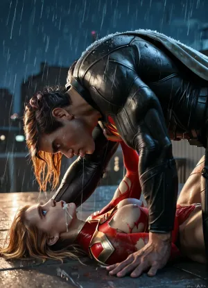 RAW image, Canon EOS R3, DSLR photo, 8k, best quality, (masterpiece:1.1), (realistic, photo-realistic:1.2), ultra high res, ((muscular man), (fit and muscular woman)), backlight, (18 year old woman, redhead, beautiful), (close view of face:1.3), (wet hair), rain, ((rainy weather)), a dark raining city rooftop, ((rooftop)), ((toned shiny sexy supergirl, full-body catsuit)), (shiny catsuit), (ultra-thin catsuit material), (red platform boots), (on back with legs spread on a dark Skyscraper roof), sprawled on back, (head turned and laying on the ground), (body arched over broken and crushed metal rooftoop air-conditioner), (broken rooftop pieces laying around), (lying on top of wreckage), (side view near face), (mouth hanging open, vacant stare, eye roll:1.2), (watery cum is flowing from the pussy:1), jizzed, ((night, rain)), (torn clothes, revealing clothes:1.2), (extremely muscular man in superhero suit standing a short distance away, man's head out of frame, erect cock:1.1), <lora:BUT_SDXL_SHS:.6>, <lora:add-detail-xl:.6>, <lora:DetailedEyes_V3:.5>, <lora:dark:.3>