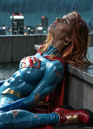 RAW image, Canon EOS R3, DSLR photo, 8k, best quality, (masterpiece:1.1), (realistic, photo-realistic:1.2), ultra high res, ((muscular), (fit and muscular)), backlight, (18 year old woman, redhead, beautiful), (woman's face post-orgasm:1.2), (close view of face:1.3), (wet hair), rain, ((rainy weather)), a dark raining city rooftop, ((rooftop)), ((toned shiny sexy supergirl, full-body catsuit)), (shiny catsuit), (ultra-thin catsuit material), (red platform boots), (on back with legs spread on a dark Skyscraper roof), sprawled on back, (head turned and laying on the ground), (body arched over broken and crushed metal rooftoop air-conditioner), (broken rooftop pieces laying around), (lying on top of wreckage), (side view near face), (mouth hanging open, vacant stare, eye roll:1.3), (watery cum is flowing from the pussy:1), (magically glowing blue cum:1), jizzed, ((night, rain)), (torn clothes, revealing clothes:1.2), <lora:BUT_SDXL_SHS:.6>, <lora:add-detail-xl:.6>, <lora:DetailedEyes_V3:.5>, <lora:dark:.3>