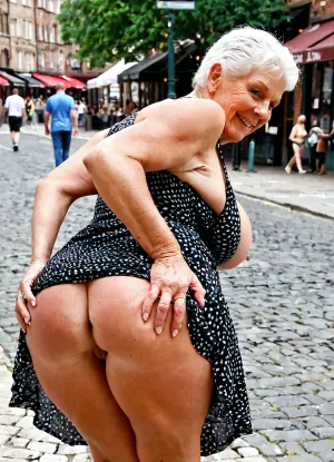Very busty 70 years old clothed grandmother fingers herself, ass exhibitionist granny, real grandmother style, huge round siliconed boobs, exposed, street background, round buttocks spreading, summer dress
High detailed photo, high quality photo