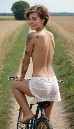 short-haired French model on bicycle, 19 years old, very tanned skin, no makeup, long summer skirt, upskirt view, very windy, skirt blowing in the wind, wind blows skirt up to reveal ass, great ass, (naked ass), full body portrait, topless, hot summer, large sun hat, outdoors, in the French countryside, dirt track, high grass, butterflies, turning back to look at camera, looking at camera, smile, large back tattoo, tattooed, vintage bike, riding a bike, extremely detailed, perfect skin, bobcut, (short hair), messy hair, sexy, no underwear, barefoot
