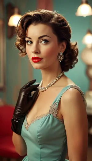 woman 30 yo, with, brown hair, gloves, dress, 1950s fashion style, pinup pose, colored, monotonic background, <lora:MJ52:.8>