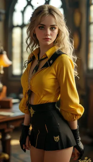 (warm ambient light:.5), (shadows:.4), 8k, best quality, (masterpiece), (intricate details), perfect eyes, perfect face, perfect lighting, beautiful, high detail, octane render, detailed eyes, (full-body shot), (sexy female hufflepuff student), hogwarts, hufflepuff, hufflepuff uniform, boots, black eyeliner, deep cleavage, large breasts, no panties, JS_ShortSkirt, <lora:MJ52:.8>