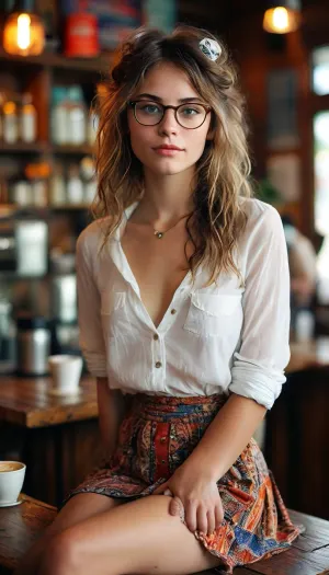 Hipster girl in glasses showing her pussy, messy hair, boho chic skirt, free spirit, hippie, sitting on coffee shop counter, (((upskirt))), (((no panties))), hairy pussy, pubic hair, full bush, perfect fingers, perfect hands, toned legs, pussy shot, vagina shot, upskirt, braless, partially unbuttoned white button up shirt, <lora:MJ52:.8>