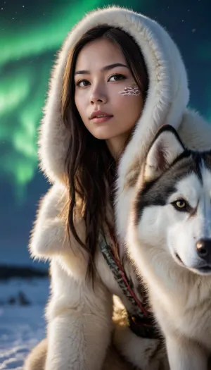A young, beautiful, slender, Inuit Eskimo woman dressed in animal skins and war paint, She kneels on a dog sled pulled by huskies, with many northern lights in the sky, cyberpunk art, retrofuturism, very beautiful cyberpunk, cyberpunk, She has a very pretty coquettish faded face, heartshaped lips, lip gloss, aroused skin, perky small breasts, She exhales, cold breath in the air, darkness mood, detailed photo, photorealistic photo, realistic pretty women photo, realistic night vision soft focus parallax double exposure photo style, (view from side), #KITTYART