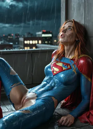 Rainy night vigil: a raw image of a toned, red-haired superheroine on a dark rooftop