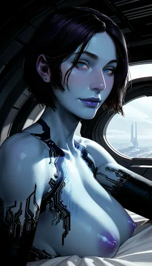 masterpiece, best quality, high resolution, hires, score_9, score_8_up, score_7_up, score_6_up, (Cortana from Halo:1.4), incase, style, ratatatat74, side view, close up, naked, (blue skin), large breasts, purple nipple, blue eyes, looking at viewer, smile, laying on stomach, laying on bed, detailed, scifi, window, spaceship interior, space, stars, <lora:287175_training_data:1.5>, <lora:ratatatat74-000050:1.3>