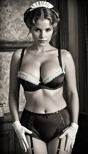 in the style of by Shepard Fairey, Photorealistic, blackandwhite, Create 19th century a female maid, sexy housewife, (busty housewife style sexy naughty bdsm underwear:1.3), wet sweat skin, full body Portrait, (18 years old, Naturally wavy bun Hair, dirty clothes), cleaning, retro, black and white photo, beautiful, natural, realistic, vintage black and white photography, (Scratches on the picture, retro, Sepia)