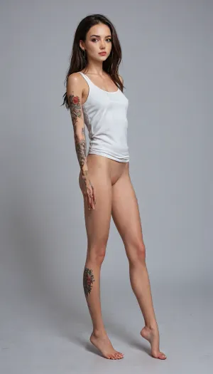 (beautiful slim petite girl anal:1.5), 1girl, 19years old, 40kg, 151cm, long hair, extremely loose oversized designed white tank top, large neckline with uncovered, busty, (42DDD cups:1.4), eyeliner, full body view, full body tattoos, many tattoos, 8k UHD, realistic photo, accurate eyes, realistic detailed eyes, realistic skin texture, high quality, photorealistic, extremely detailed, high resolution, high resolution face, high resolution eyes, <lora:milkers_v2:.8>