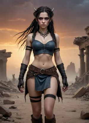 A 25-year-old desert survivor in a post-apocalyptic fantasy world that stands at the edge of a vast, cracked wasteland under an ominous gray-orange sky. The land is ruined and lifeless, littered with the ruins of forgotten civilizations and gnarled trees petrified by time.

The girl has long black hair pulled back in messy braids and dreadlocks, and fair skin with soft, doll-like features. Her big blue eyes are full of fear, but also charm. She is wearing a modest outfit made of stitched leather and torn fabric, a cropped top and a short skirt that accentuates her toned figure. She looks back at the monster behind her with a mixture of greed and strange attraction. Looming behind her is a monstrous mutated minotaur-over 10 feet tall, muscular and primal, with jagged obsidian horns, glowing red eyes filled with rage, battle scars etched into its flesh, and chains hanging from its belt. His body is a terrifying fusion of power and mutation-his armor is half-melted into muscle, his sinews exposed beneath a torn hide-and yet he has an undeniable animal magnetism." He stomps forward through the swirling dust and ash, stalking the girl with predatory concentration, his huge cock sticking out and wanting to plunge into the cute elf's holes. Style, dark fantasy, dystopian apocalyptic setting, cinematic lighting, dramatic moment of action, high detail, sensual tension