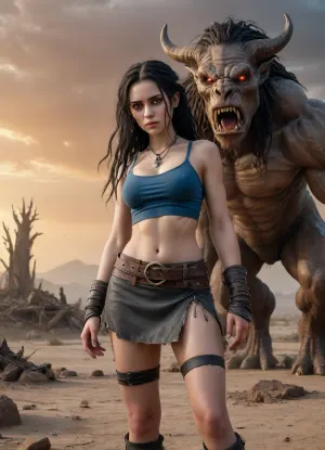 A 25-year-old desert survivor in a post-apocalyptic fantasy world that stands at the edge of a vast, cracked wasteland under an ominous gray-orange sky. The land is ruined and lifeless, littered with the ruins of forgotten civilizations and gnarled trees petrified by time.

The girl has long black hair pulled back in messy braids and dreadlocks, and fair skin with soft, doll-like features. Her big blue eyes are full of fear, but also charm. She is wearing a modest outfit made of stitched leather and torn fabric, a cropped top and a short skirt that accentuates her toned figure. She looks back at the monster behind her with a mixture of greed and strange attraction. Looming behind her is a monstrous mutated minotaur-over 10 feet tall, muscular and primal, with jagged obsidian horns, glowing red eyes filled with rage, battle scars etched into its flesh, and chains hanging from its belt. His body is a terrifying fusion of power and mutation-his armor is half-melted into muscle, his sinews exposed beneath a torn hide-and yet he has an undeniable animal magnetism." He stomps forward through the swirling dust and ash, stalking the girl with predatory concentration, his huge cock sticking out and wanting to plunge into the cute elf's holes. Style, dark fantasy, dystopian apocalyptic setting, cinematic lighting, dramatic moment of action, high detail, sensual tension