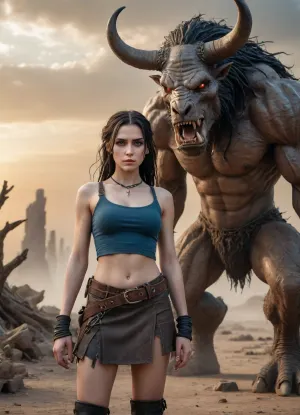 A 25-year-old desert survivor in a post-apocalyptic fantasy world that stands at the edge of a vast, cracked wasteland under an ominous gray-orange sky. The land is ruined and lifeless, littered with the ruins of forgotten civilizations and gnarled trees petrified by time.

The girl has long black hair pulled back in messy braids and dreadlocks, and fair skin with soft, doll-like features. Her big blue eyes are full of fear, but also charm. She is wearing a modest outfit made of stitched leather and torn fabric, a cropped top and a short skirt that accentuates her toned figure. She looks back at the monster behind her with a mixture of greed and strange attraction. Looming behind her is a monstrous mutated minotaur-over 10 feet tall, muscular and primal, with jagged obsidian horns, glowing red eyes filled with rage, battle scars etched into its flesh, and chains hanging from its belt. His body is a terrifying fusion of power and mutation-his armor is half-melted into muscle, his sinews exposed beneath a torn hide-and yet he has an undeniable animal magnetism." He stomps forward through the swirling dust and ash, stalking the girl with predatory concentration, his huge cock sticking out and wanting to plunge into the cute elf's holes. Style, dark fantasy, dystopian apocalyptic setting, cinematic lighting, dramatic moment of action, high detail, sensual tension