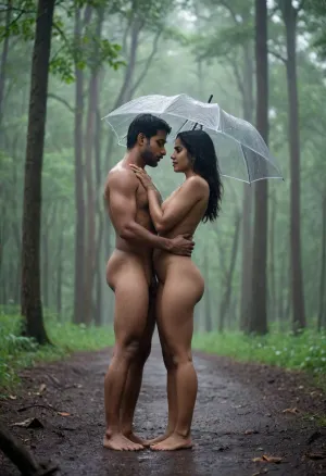 two beautiful Indian naked couple making love in forest while raining